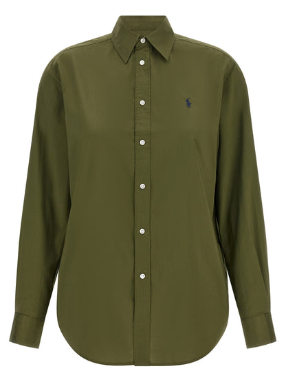 Blouse by Polo Ralph Lauren for women in horse leather & cotton bicolour, green & olive features an architectural silhouette with a refined and elegant for a architectural look.