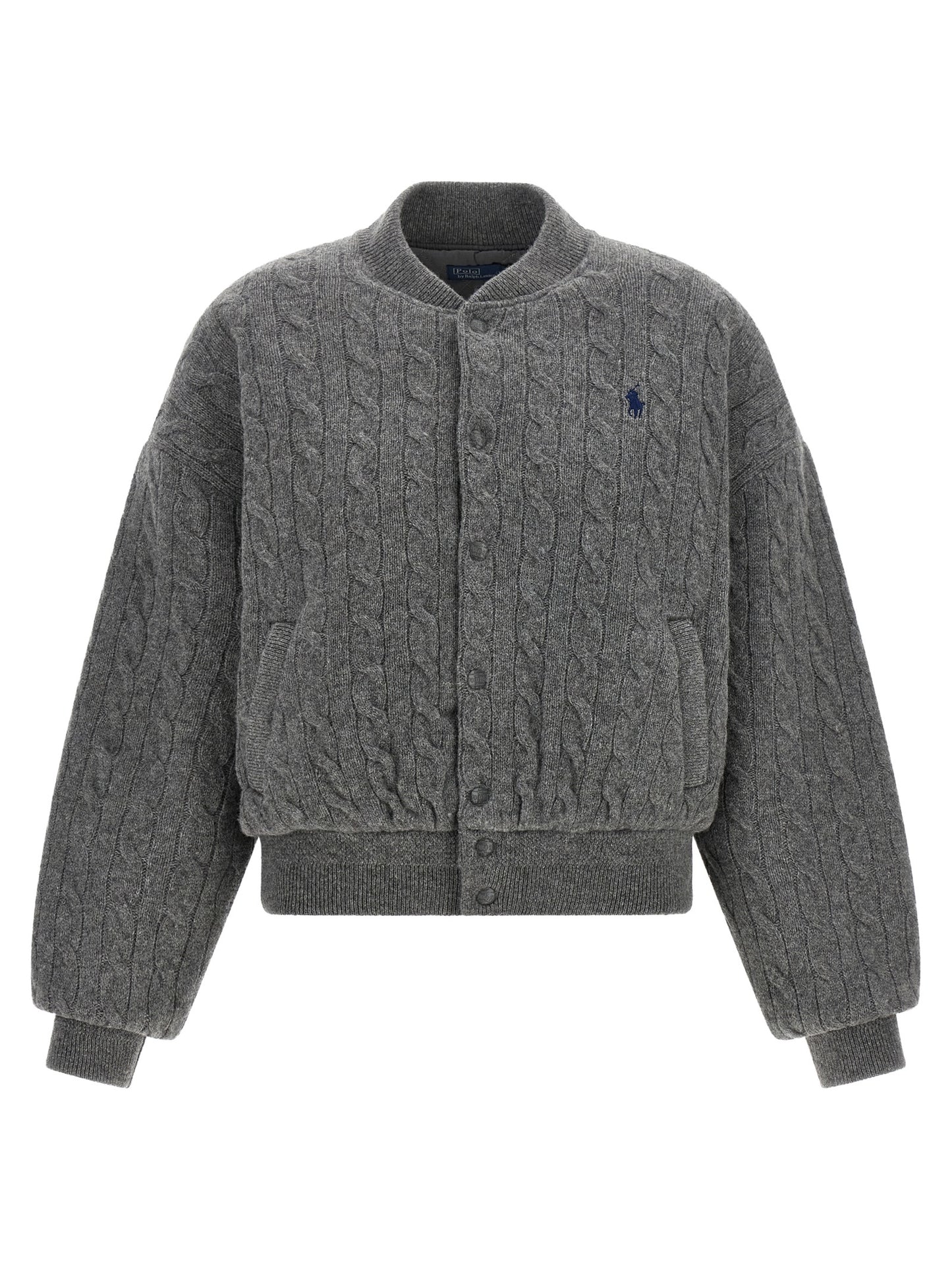 Bomber Jacket by Polo Ralph Lauren for women in cashmere gray features an contemporary silhouette, showcasing a sophisticated and contemporary pockets for a truly refined look.