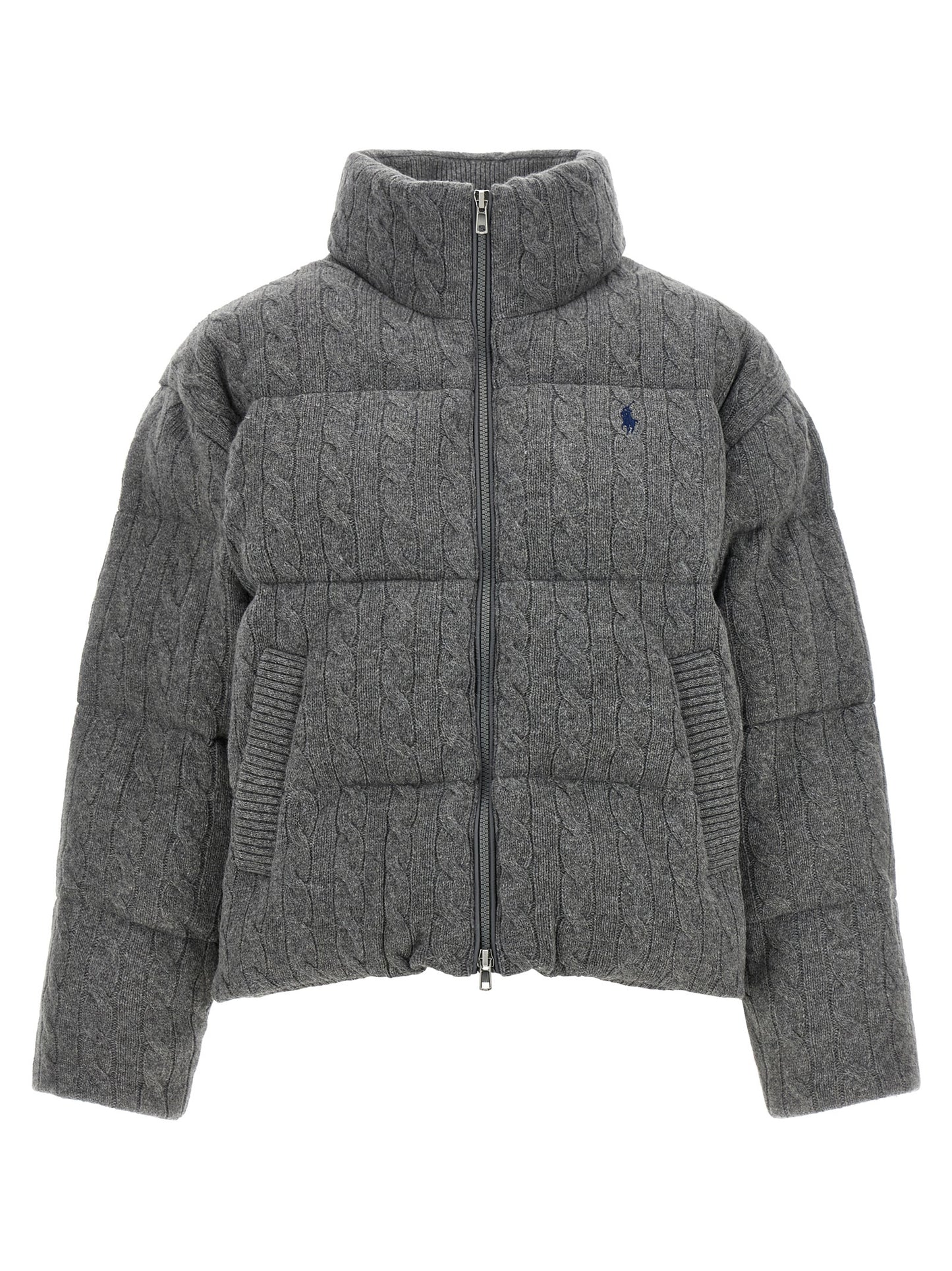 Puffer Jacket by Polo Ralph Lauren for women in cashmere wool gray showcases a bohemian silhouette, artfully detailed with a bohemian wrap high-neck neckline and signature pockets & insulated for a truly bohemian finish.