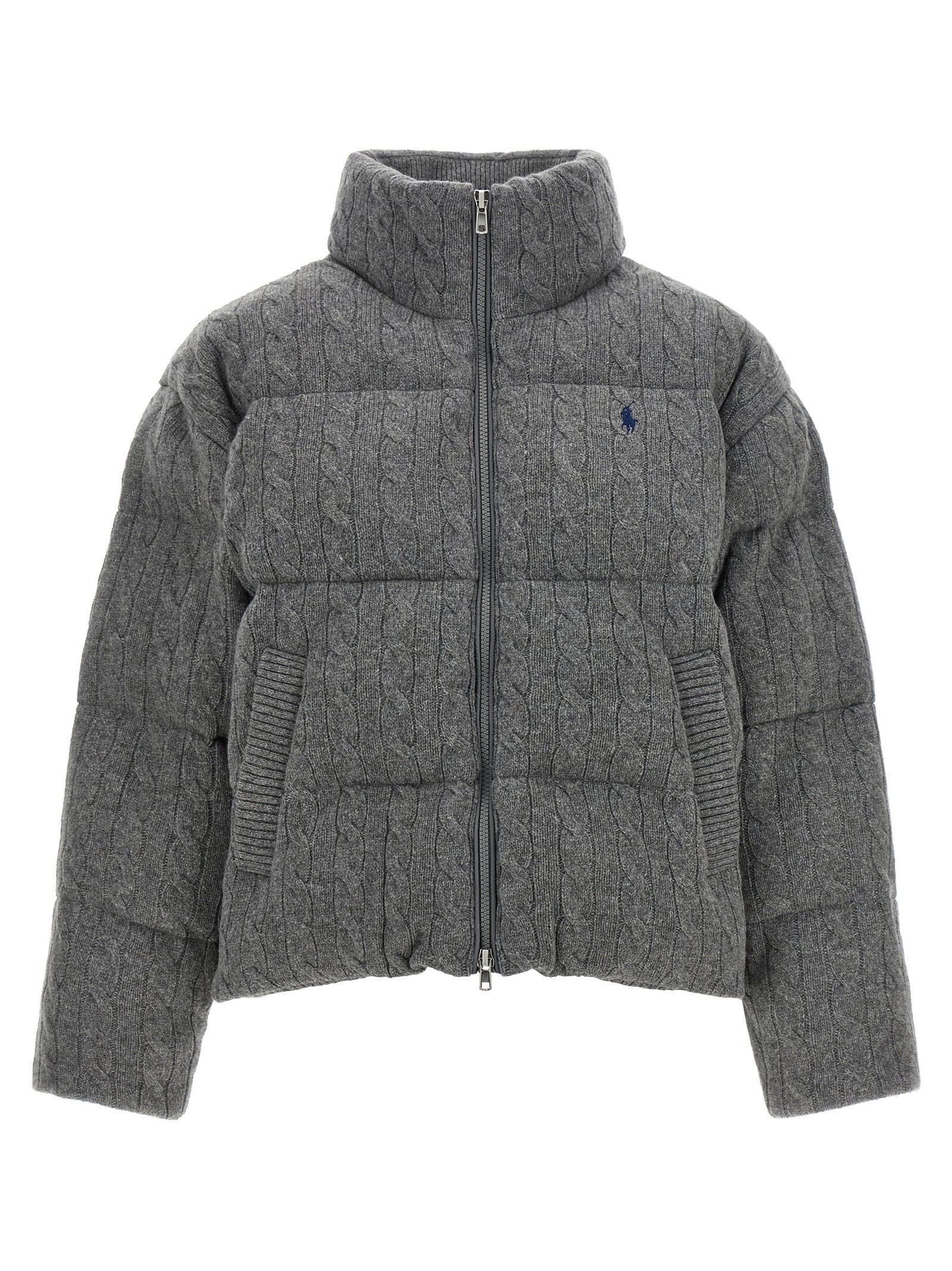 Puffer Jacket by Polo Ralph Lauren for women in cashmere wool gray showcases a bohemian silhouette, artfully detailed with a bohemian wrap high-neck neckline and signature pockets & insulated for a truly bohemian finish.