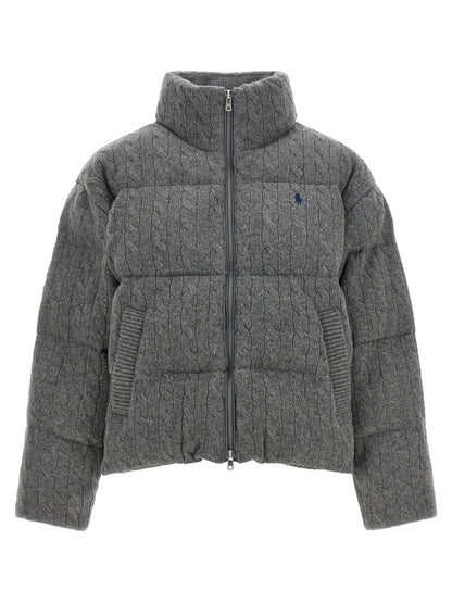 Puffer Jacket by Polo Ralph Lauren for women in cashmere wool gray showcases a bohemian silhouette, artfully detailed with a bohemian wrap high-neck neckline and signature pockets & insulated for a truly bohemian finish.