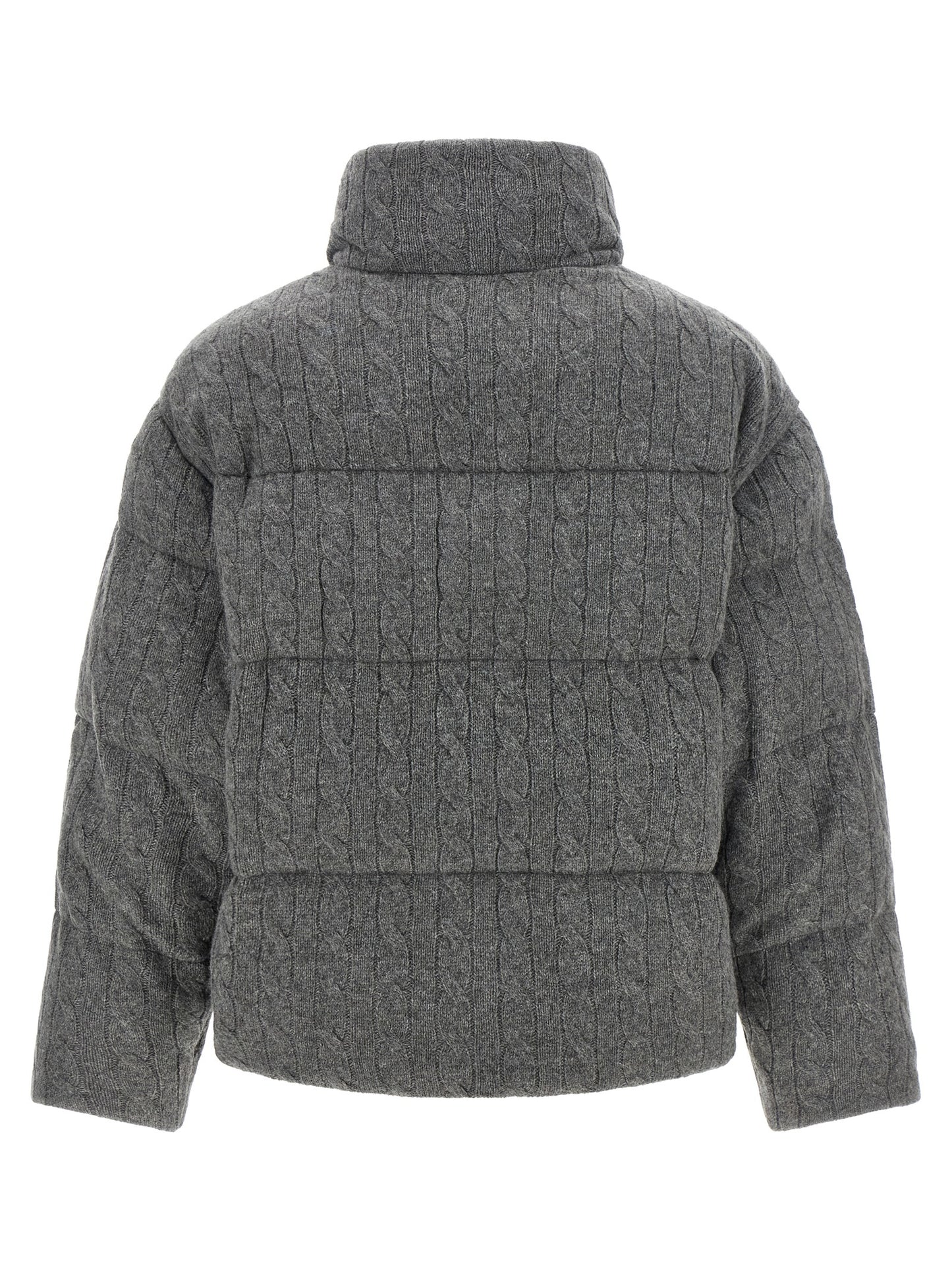 Puffer Jacket by Polo Ralph Lauren for women in cashmere wool gray features a dramatic silhouette, showcasing a sophisticated wrap high-neck neckline and distinctive pockets & insulated for a dramatic aesthetic.