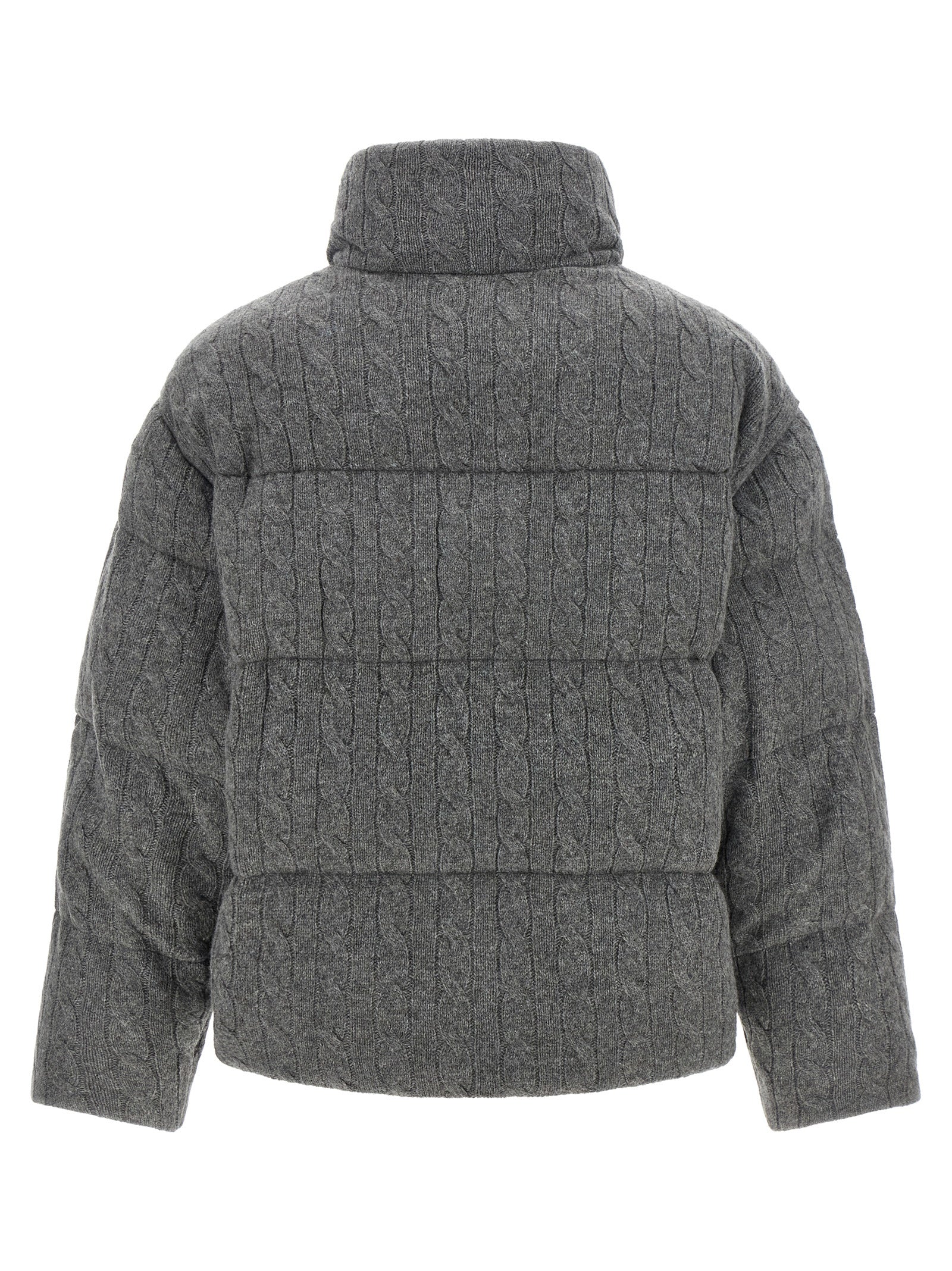 Puffer Jacket by Polo Ralph Lauren for women in cashmere wool gray features a dramatic silhouette, showcasing a sophisticated wrap high-neck neckline and distinctive pockets & insulated for a dramatic aesthetic.