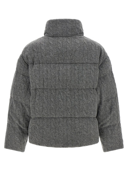 Puffer Jacket by Polo Ralph Lauren for women in cashmere wool gray features a dramatic silhouette, showcasing a sophisticated wrap high-neck neckline and distinctive pockets & insulated for a dramatic aesthetic.