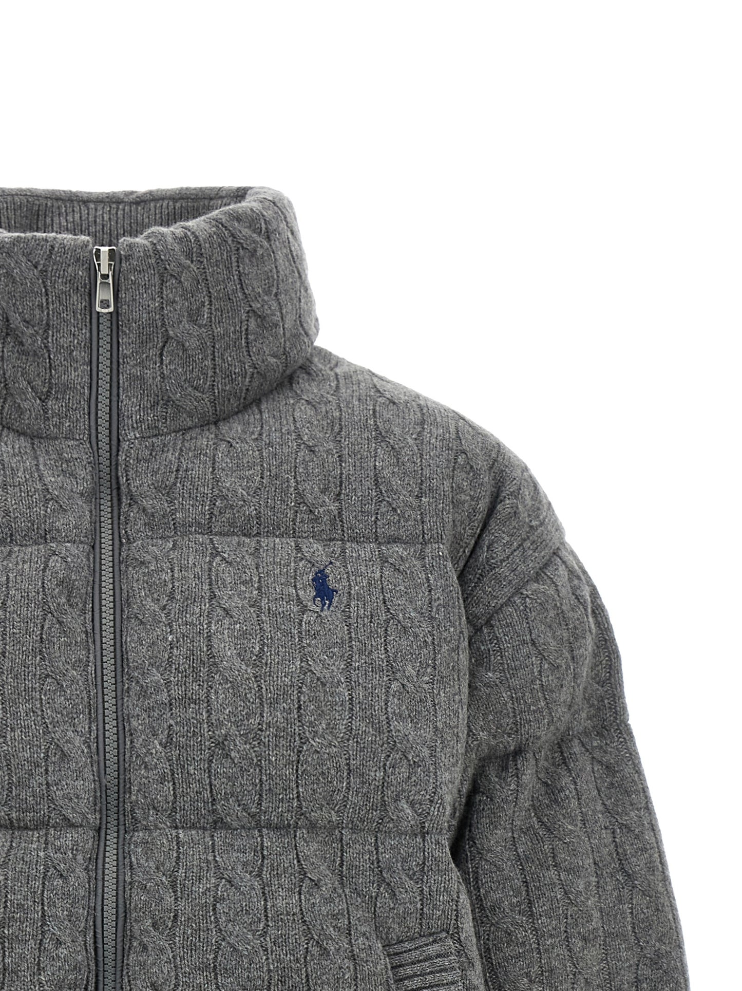 Puffer Jacket by Polo Ralph Lauren for women in cashmere wool gray features a city-ready silhouette, detailed with pockets & insulated and a city-ready wrap high-neck neckline.