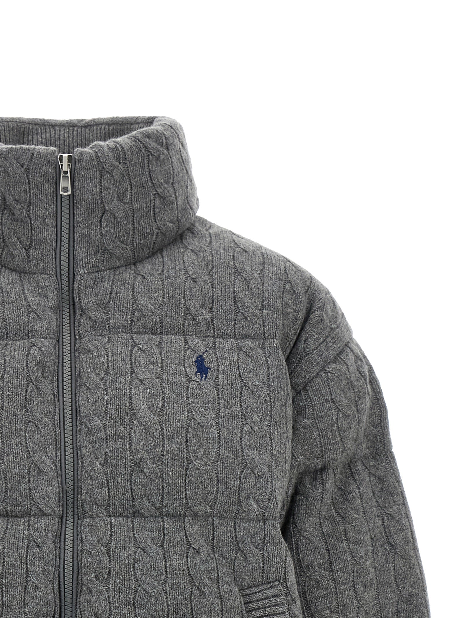 Puffer Jacket by Polo Ralph Lauren for women in cashmere wool gray features a city-ready silhouette, detailed with pockets & insulated and a city-ready wrap high-neck neckline.
