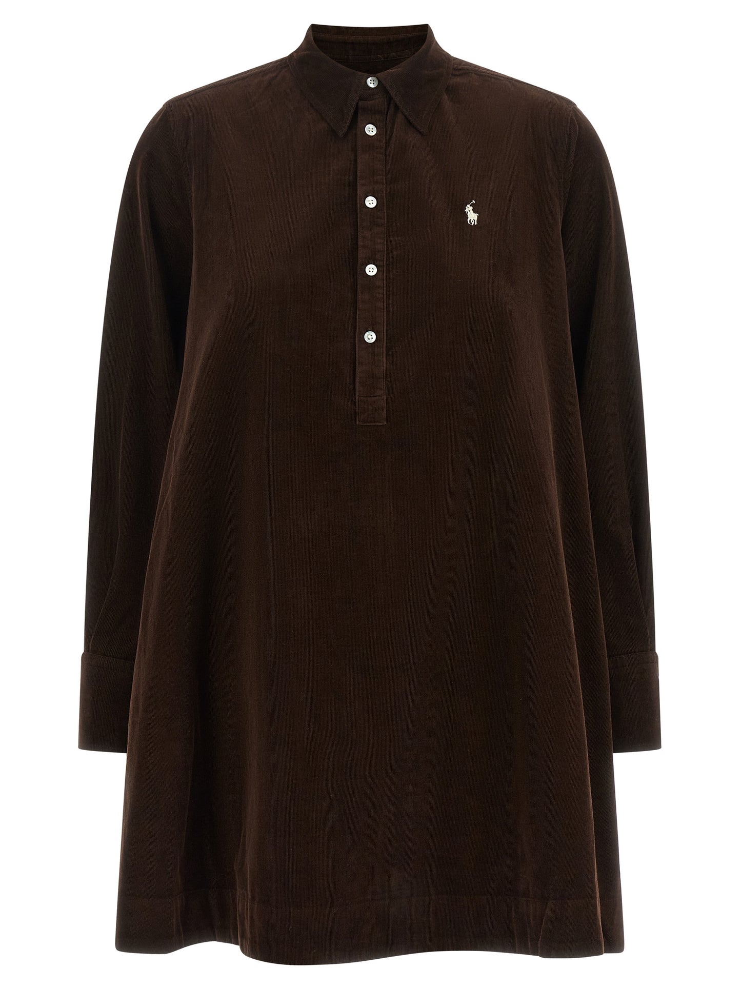Dress by Polo Ralph Lauren for women in cotton corduroy brown features an eye catching silhouette with a sophisticated , elegant , and a refined short mini for a eye catching aesthetic.
