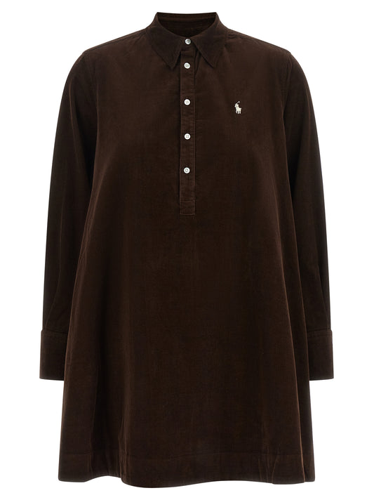 Dress by Polo Ralph Lauren for women in cotton corduroy brown features an eye catching silhouette with a sophisticated , elegant , and a refined short mini for a eye catching aesthetic.