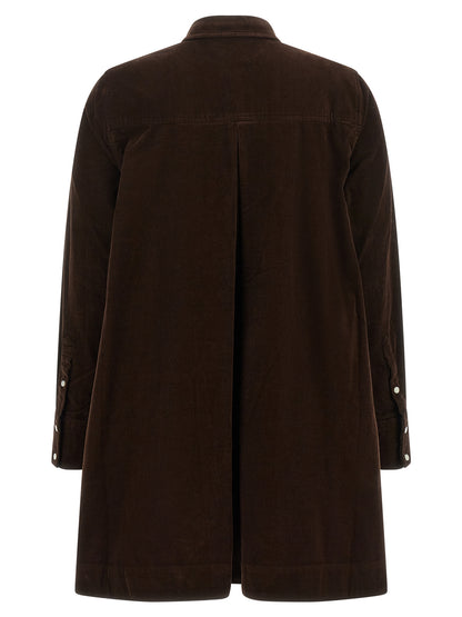 Dress by Polo Ralph Lauren for women in cotton corduroy brown features a dramatic silhouette, showcasing an elegant and that flows into a dramatic short mini.