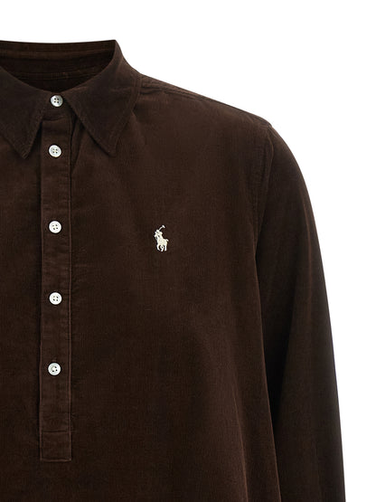 Dress by Polo Ralph Lauren for women in cotton corduroy brown features an magnificent silhouette, artfully detailed with a magnificent and that flows into an magnificent short mini.