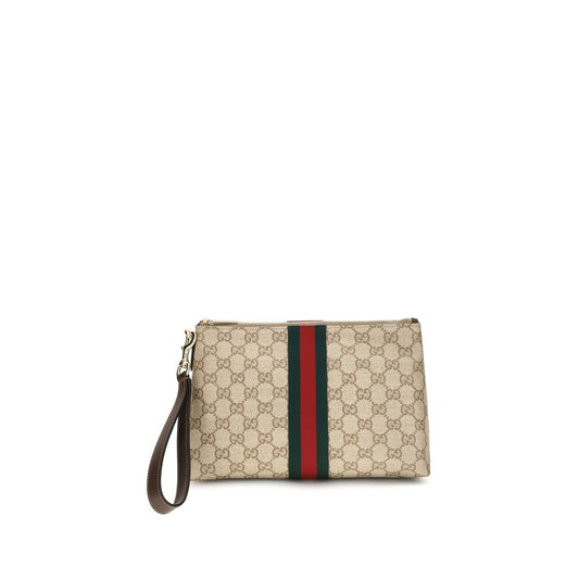 Pouch Shoulder Bag by Gucci for men in leather & canvas beige, brown, green, red, signature & striped features an effortlessly chic silhouette with a secure zipper, ample , and versatile shoulder-strap & wristlet for effortlessly chic everyday luxury.