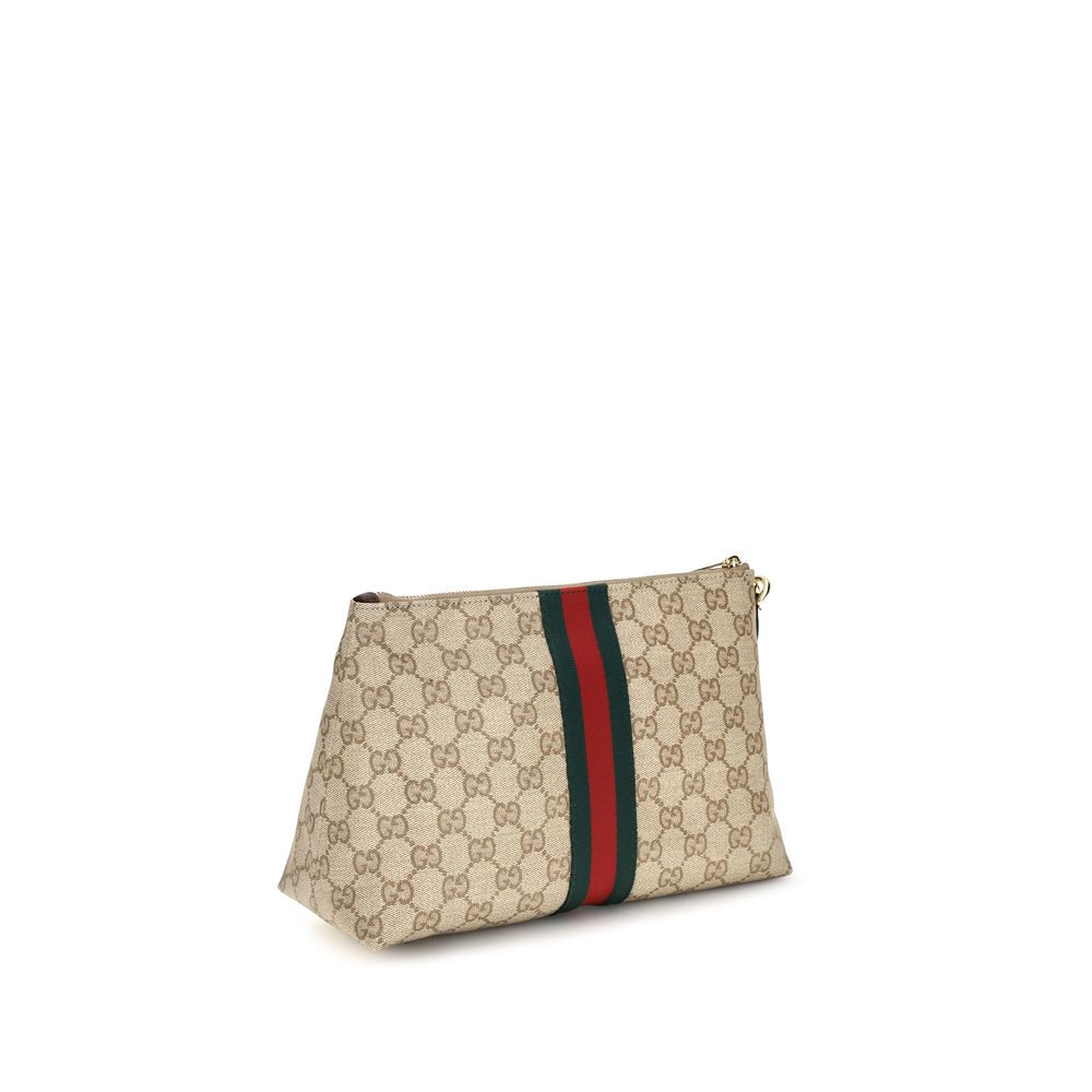 Pouch Shoulder Bag by Gucci for men in leather & canvas beige, brown, green, red, signature & striped features a effortless chic silhouette with a secure zipper, ample , and versatile shoulder-strap & wristlet for a effortless chic finish.