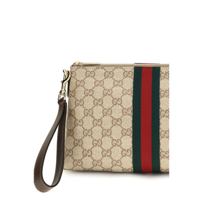 Pouch Shoulder Bag by Gucci for men in leather & canvas beige, brown, green, red, signature & striped features a effortless sophistication silhouette, secured by a zipper with ample and versatile shoulder-strap & wristlet for a effortless sophistication finish.