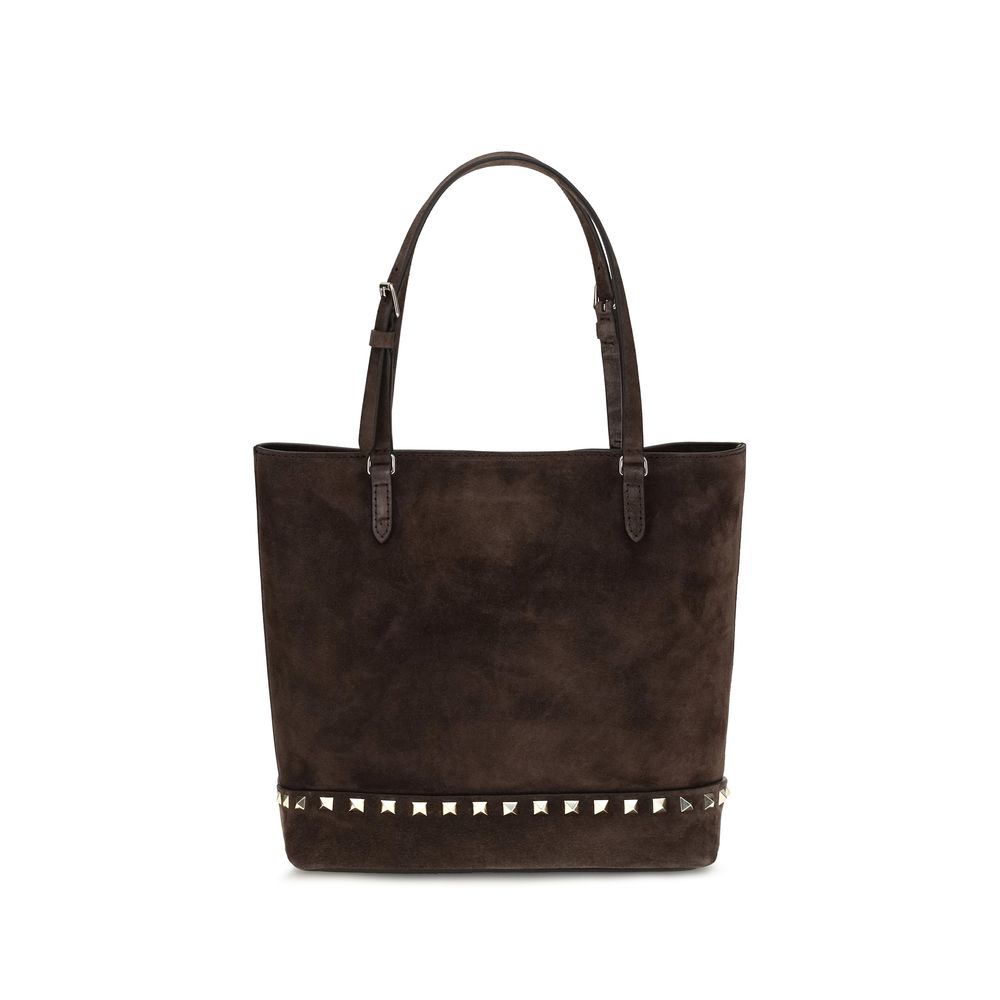 Small Shoulder Tote Bag by Valentino Garavani for women in bos taurus suede calf leather brown & signature features an effortlessly chic silhouette with a secure magnetic, ample , and versatile shoulder-strap, handle & adjustable-strap for effortlessly chic everyday luxury.