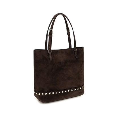 Small Shoulder Tote Bag by Valentino Garavani for women in bos taurus suede calf leather brown & signature features a effortless sophistication silhouette, secured by a magnetic with ample and versatile shoulder-strap, handle & adjustable-strap for a effortless sophistication finish.