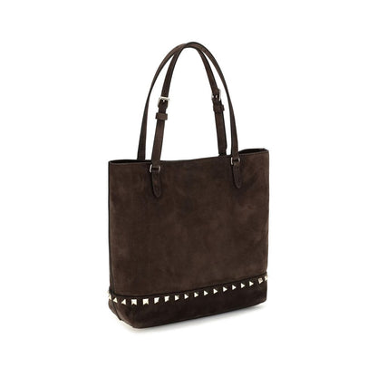 Small Shoulder Tote Bag by Valentino Garavani for women in bos taurus suede calf leather brown & signature presents a versatile silhouette, showcasing a secure magnetic and versatile with versatile shoulder-strap, handle & adjustable-strap for a sophisticated look.