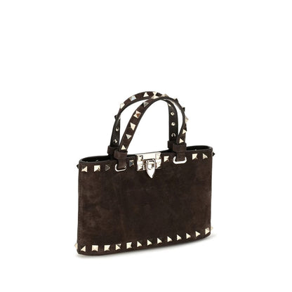 Mini Shopper Handbag by Valentino Garavani for women in bos taurus calf suede leather brown features a signature silhouette, showcasing a secure hook and signature with versatile handle for a sophisticated look.