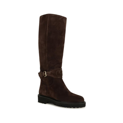 Strap Boots by Valentino Garavani for women in suede leather & rubber brown & signature features an effortless chic silhouette from the V Logo Women's Suede Leather & Rubber Strap Boots collection, showcasing a effortless chic and refined for an effortless chic look.