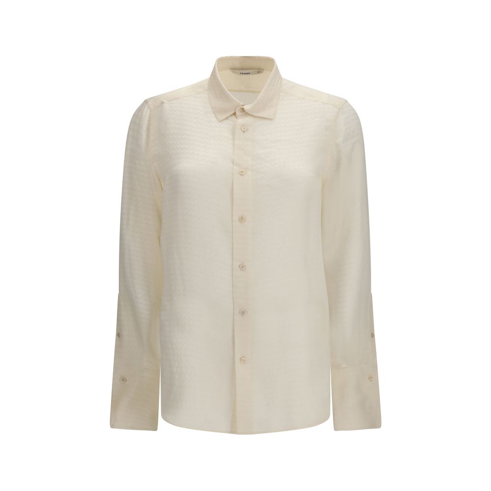 Shirt by Fendi for women in silk beige, pearl, patterned, chevron & jacquard showcases a sharp silhouette, elegantly detailed with a sharp and sharp long-sleeve.