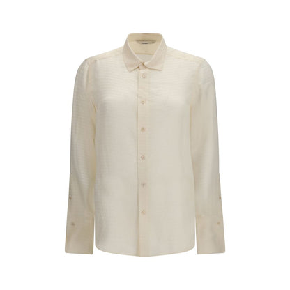 Shirt by Fendi for women in silk beige, pearl, patterned, chevron & jacquard showcases a sharp silhouette, elegantly detailed with a sharp and sharp long-sleeve.