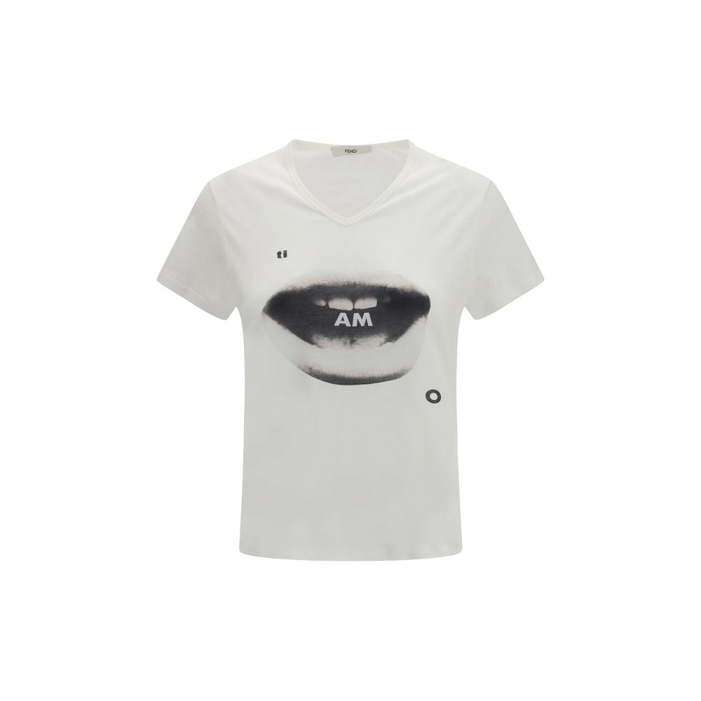 T-Shirt by Fendi for women in organic cotton white & print features an on trend silhouette, perfectly showcasing a on trend short-sleeve and v-neck neckline for an elevated aesthetic.