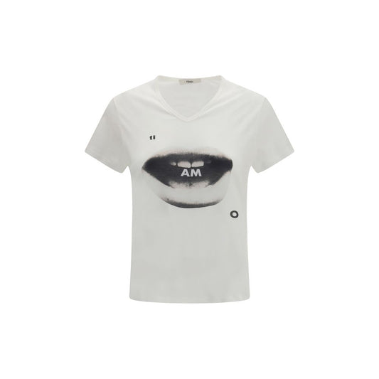 T-Shirt by Fendi for women in organic cotton white & print features an on trend silhouette, perfectly showcasing a on trend short-sleeve and v-neck neckline for an elevated aesthetic.
