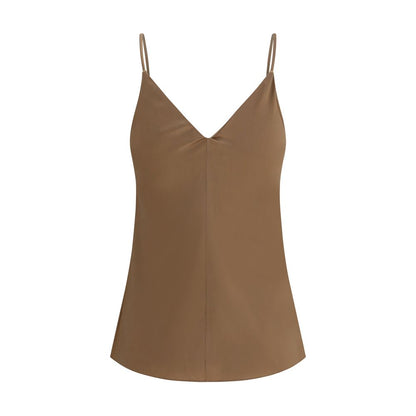 T-Shirt by Brunello Cucinelli for women in silk satin brown showcases a fashionable silhouette, elegantly detailed with a fashionable and v-neck neckline for a sophisticated, high-fashion look.
