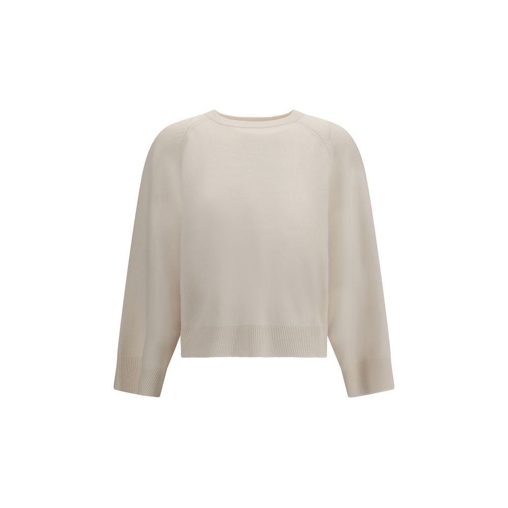 Sweater by Brunello Cucinelli for women in cashmere & capra leather white showcases a downtown chic silhouette, artfully finished with a downtown chic crew neckline and long-sleeve for a sophisticated, high-end look.