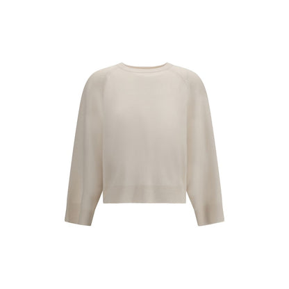 Sweater by Brunello Cucinelli for women in cashmere & capra leather white showcases a downtown chic silhouette, artfully finished with a downtown chic crew neckline and long-sleeve for a sophisticated, high-end look.