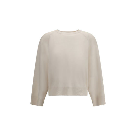 Sweater by Brunello Cucinelli for women in cashmere & capra leather white showcases a downtown chic silhouette, artfully finished with a downtown chic crew neckline and long-sleeve for a sophisticated, high-end look.