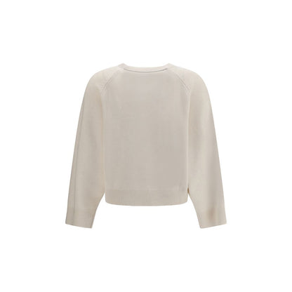 Sweater by Brunello Cucinelli for women in cashmere & capra leather white showcases a sumptuous silhouette, artfully finished with a sumptuous crew neckline and for a sophisticated, sumptuous look.