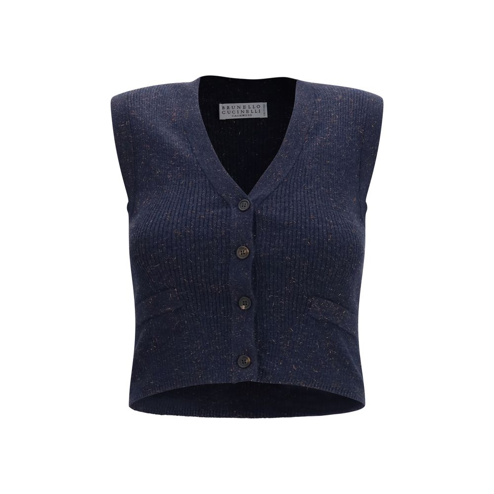 Cardigan by Brunello Cucinelli for women in viscose cashmere & capra leather blue features a nuanced silhouette with a refined v-neck neckline and nuanced sleeveless detailing for a sophisticated look.