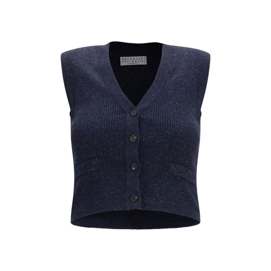 Cardigan by Brunello Cucinelli for women in viscose cashmere & capra leather blue features a nuanced silhouette with a refined v-neck neckline and nuanced sleeveless detailing for a sophisticated look.