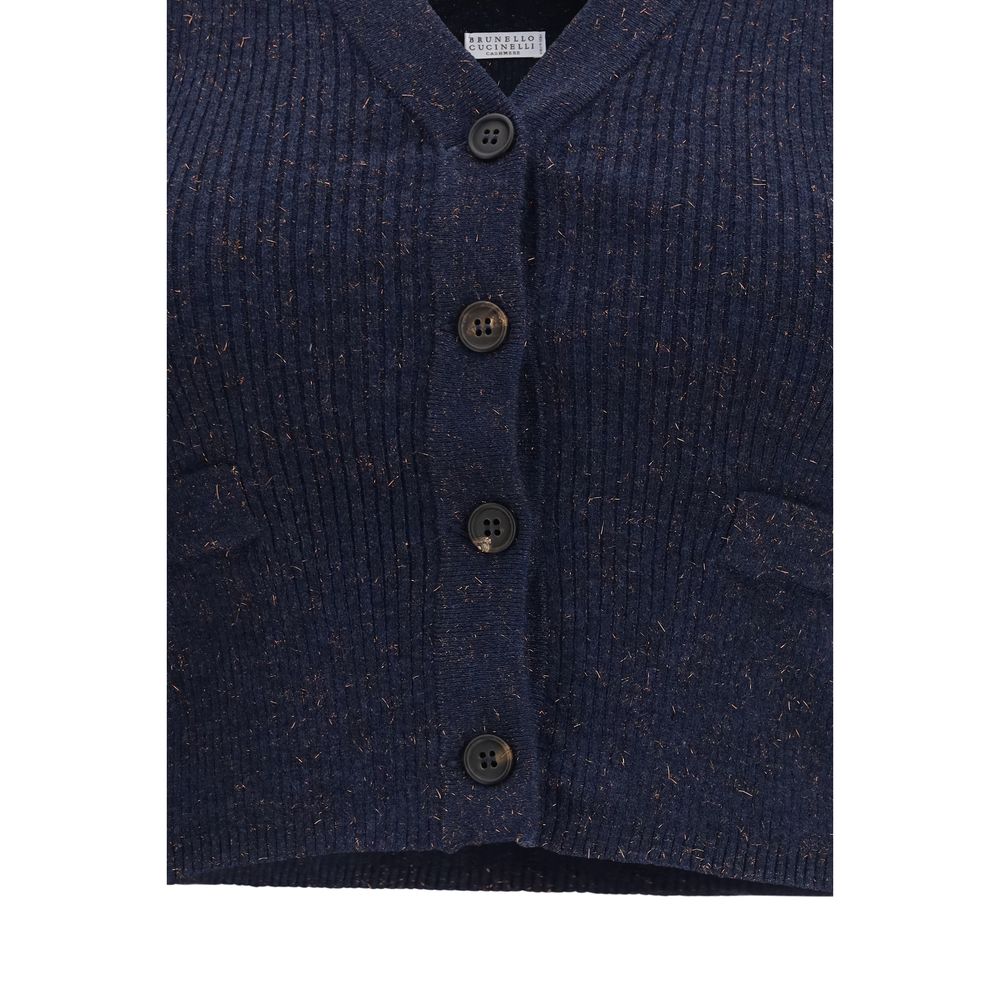 Cardigan by Brunello Cucinelli for women in viscose cashmere & capra leather blue showcases a luxurious silhouette, meticulously detailed with a sophisticated and for a refined finish.