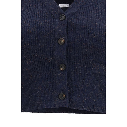 Cardigan by Brunello Cucinelli for women in viscose cashmere & capra leather blue showcases a luxurious silhouette, meticulously detailed with a sophisticated and for a refined finish.