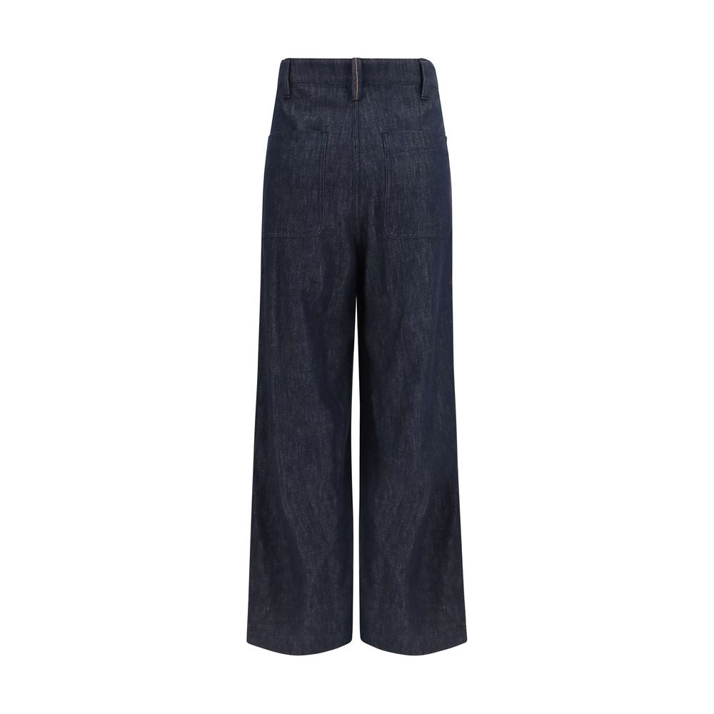 Jeans by Brunello Cucinelli for women in denim cotton twill blue & signature features a polished silhouette with a polished regular-fit & wide, reaching a polished long and finished with a polished .
