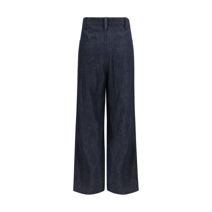 Jeans by Brunello Cucinelli for women in denim cotton twill blue & signature features a polished silhouette with a polished regular-fit & wide, reaching a polished long and finished with a polished .