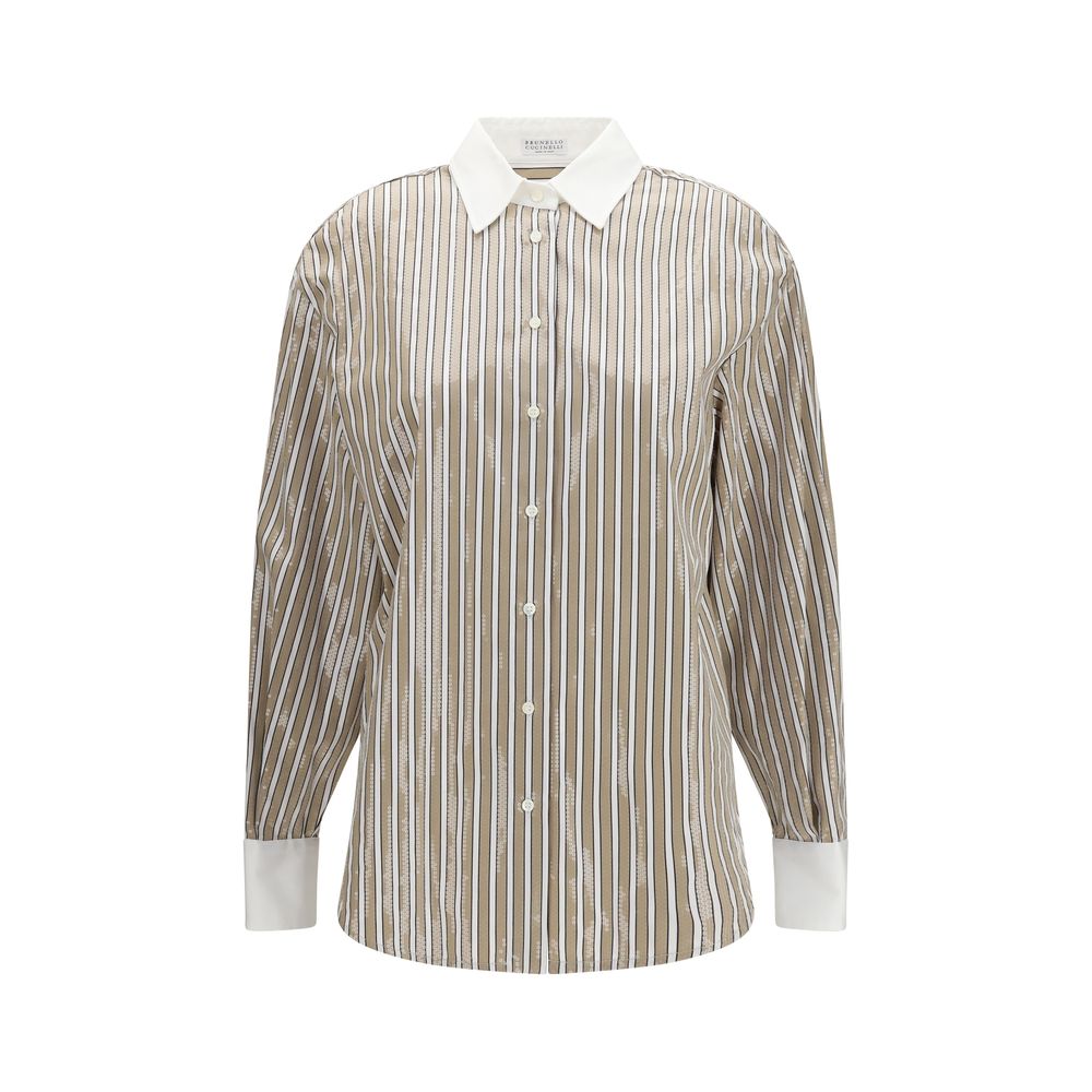 Shirt by Brunello Cucinelli for women in cotton sequins beige, pearl, patterned & striped features an polished silhouette, showcasing a sophisticated and detail for a truly polished finish.
