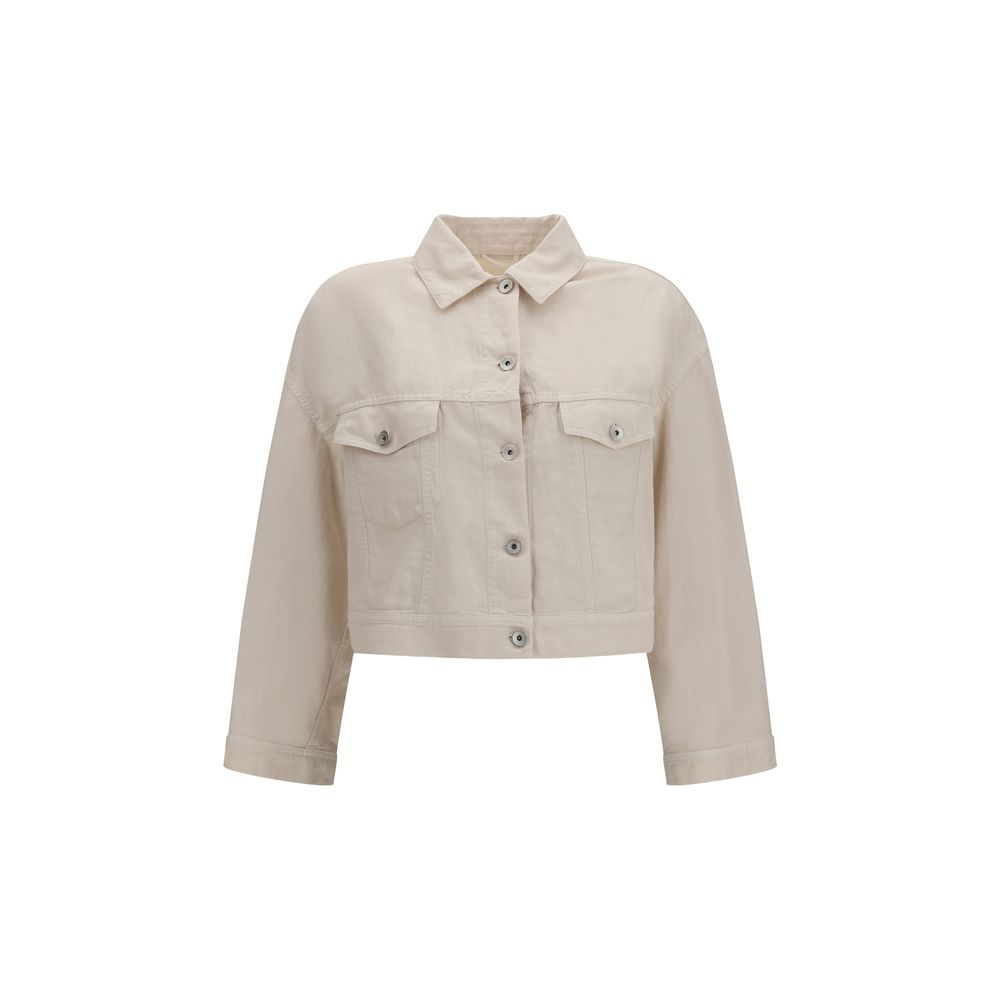 Trucker Jacket by Brunello Cucinelli for women in cotton denim & linen white features an contemporary silhouette, showcasing a sophisticated and contemporary pockets for a truly refined look.