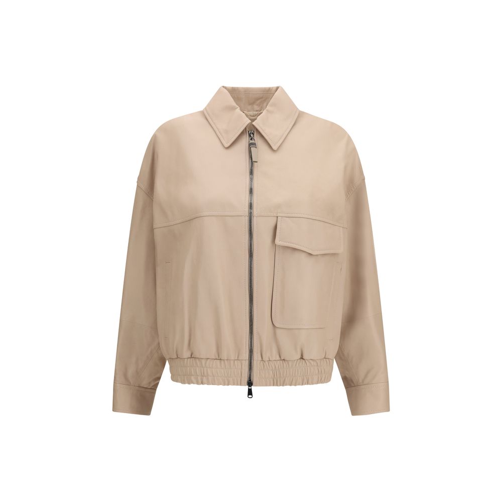 This Jacket by Brunello Cucinelli for women in nappa leather & silk beige showcases a magnificent silhouette, meticulously crafted with a distinctive and functional pockets for a magnificent finish.
