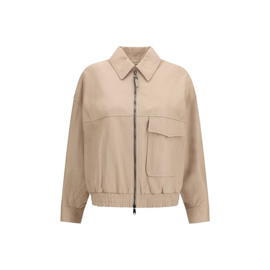 This Jacket by Brunello Cucinelli for women in nappa leather & silk beige showcases a magnificent silhouette, meticulously crafted with a distinctive and functional pockets for a magnificent finish.