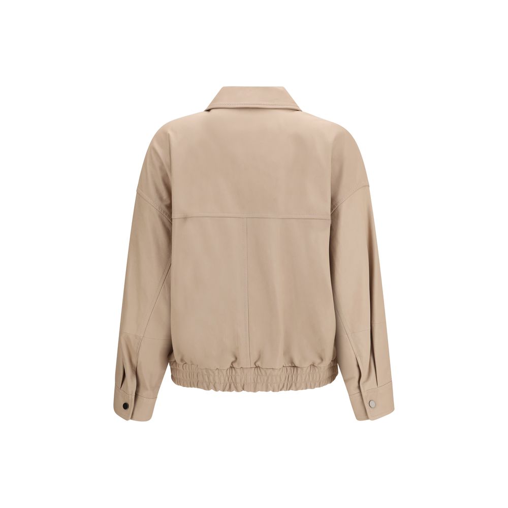 Jacket by Brunello Cucinelli for women in nappa leather & silk beige features an utilitarian silhouette with a refined , showcasing sophisticated pockets for an utilitarian aesthetic.