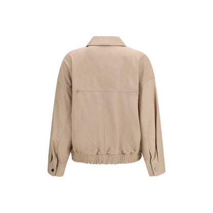 Jacket by Brunello Cucinelli for women in nappa leather & silk beige features an utilitarian silhouette with a refined , showcasing sophisticated pockets for an utilitarian aesthetic.
