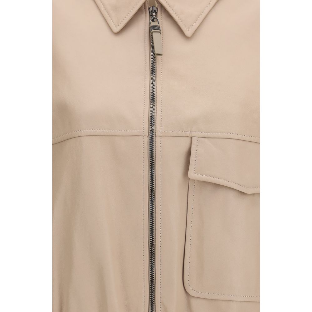 Jacket by Brunello Cucinelli for women in nappa leather & silk beige features a smart silhouette, perfectly accentuated by its unique and functional pockets for a smart finish.