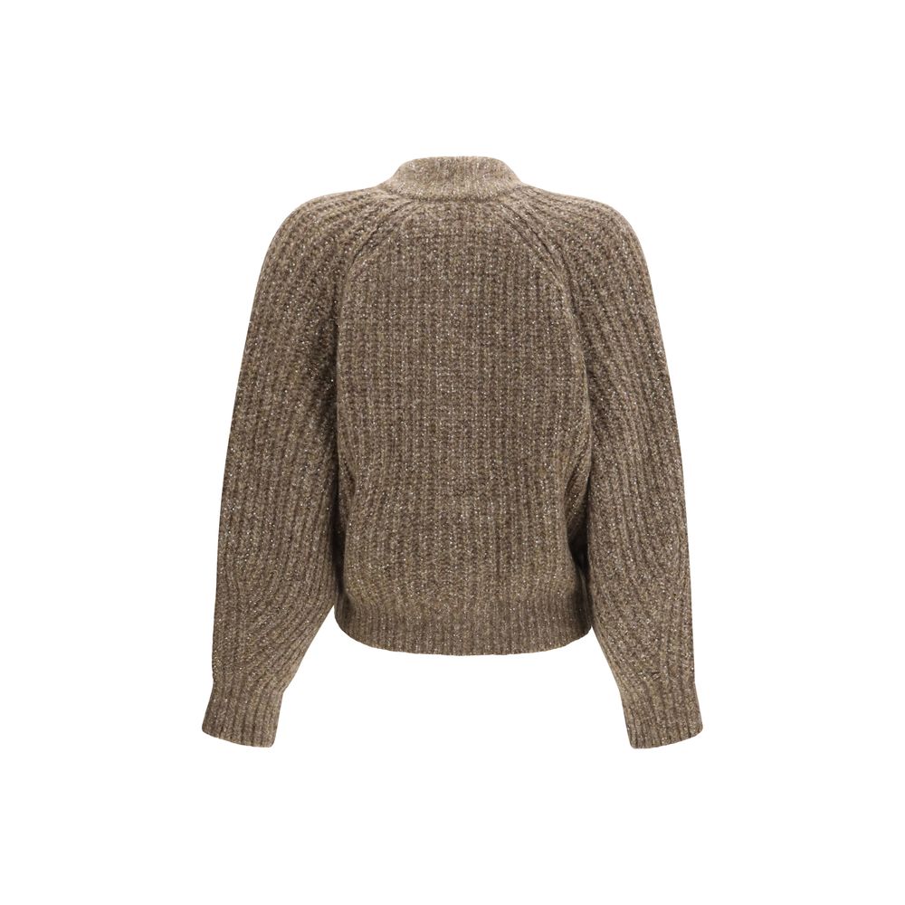 Cardigan by Brunello Cucinelli for women in polyamide polyester cashmere & capra leather brown showcases a captivating silhouette, artfully detailed with a captivating and crew neckline for a truly sophisticated captivating look.