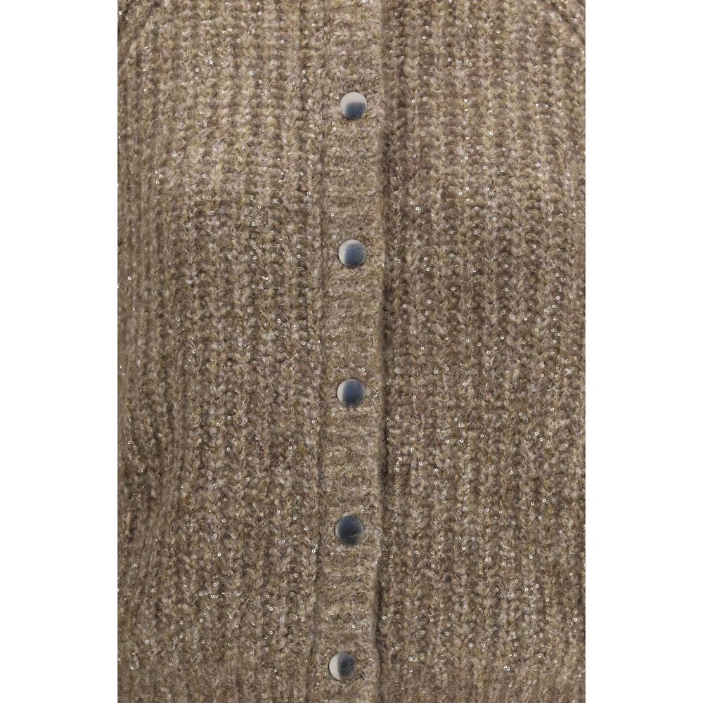 Cardigan by Brunello Cucinelli for women in polyamide polyester cashmere & capra leather brown features a nuanced silhouette with a refined and nuanced detailing for a sophisticated look.