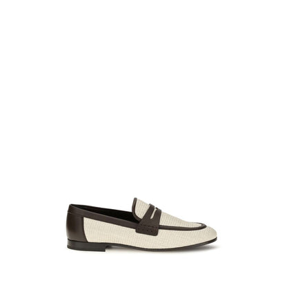 Flat Loafer Slip-On Shoes by Brunello Cucinelli for women in raffia polyamide & bos taurus calf leather beige showcases a timeless silhouette from the Women's Raffia Polyamide & Bos Taurus Calf Leather Flat Loafer Slip-On Shoes collection, featuring a timeless flat and almond toe style for a timeless finish.