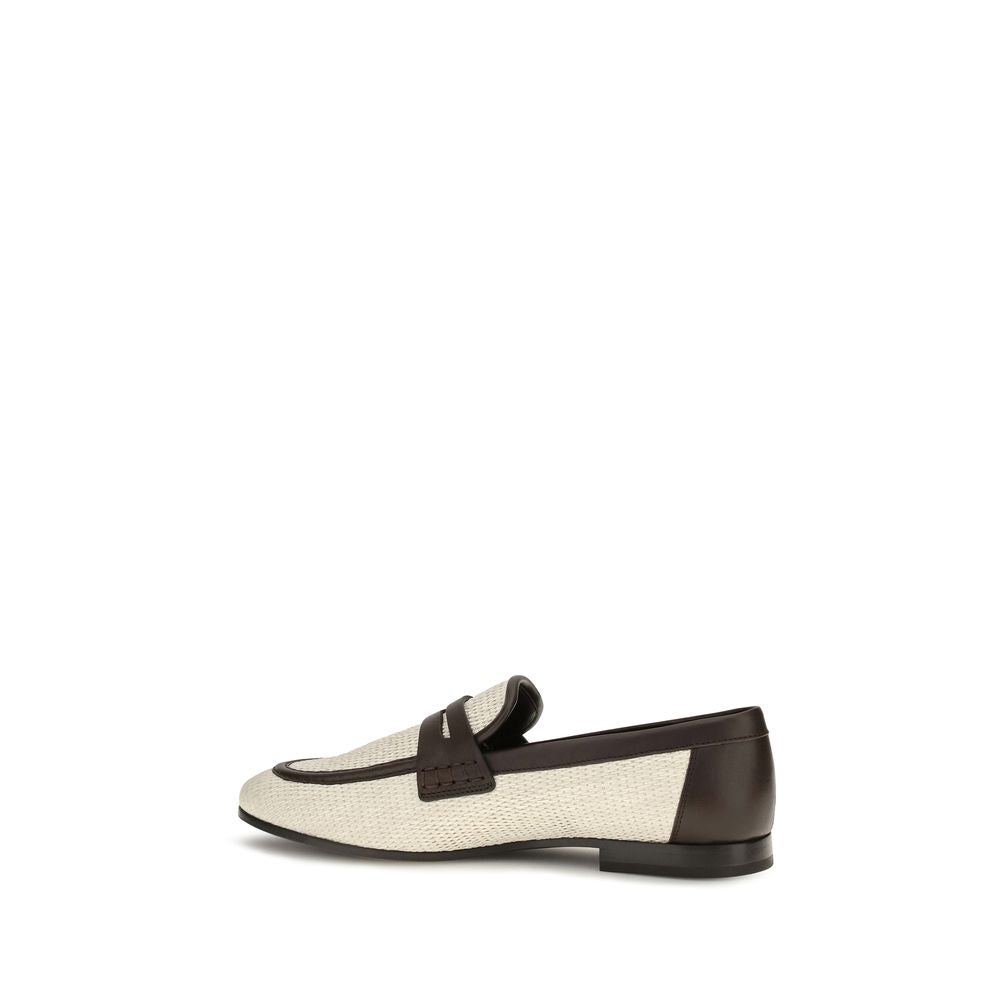 Flat Loafer Slip-On Shoes by Brunello Cucinelli for women in raffia polyamide & bos taurus calf leather beige showcases a resplendent Women's Raffia Polyamide & Bos Taurus Calf Leather Flat Loafer Slip-On Shoes aesthetic, defined by its resplendent almond toe style and elegant flat.