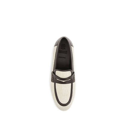 Flat Loafer Slip-On Shoes by Brunello Cucinelli for women in raffia polyamide & bos taurus calf leather beige features an dynamic silhouette from the Women's Raffia Polyamide & Bos Taurus Calf Leather Flat Loafer Slip-On Shoes collection, defined by a dynamic almond toe style and flat for a dynamic look.