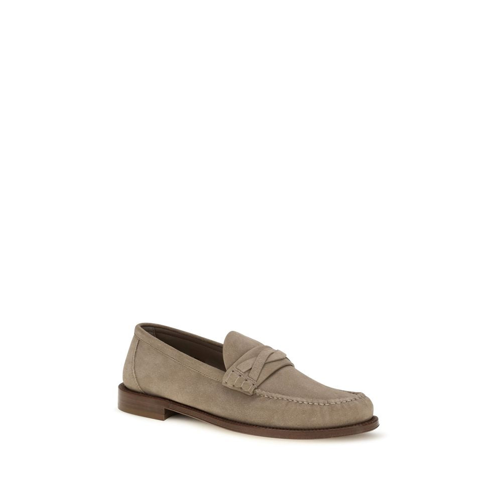 Loafer Slip-On Strap Shoes by Brunello Cucinelli for men in suede leather & rubber beige features an effortless chic silhouette, showcasing the Men's Suede Leather & Rubber Loafer Slip-On Strap Shoes design with an effortless chic and a for a effortless chic look.